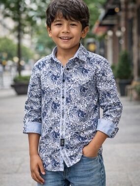 Boys' Blue Paisley Print Button-Down Shirt